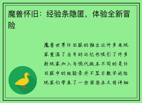 魔兽怀旧：经验条隐匿，体验全新冒险