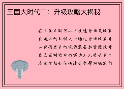 三国大时代二：升级攻略大揭秘